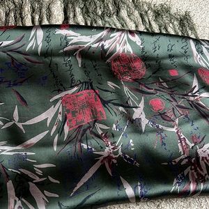 100% silk scarf from China - olive green with red, tan, brown & navy design